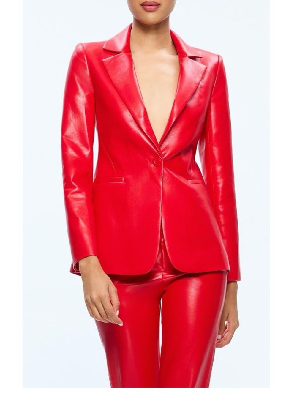 NEW ALICE + OLIVIA Red Fitted Vegan Leather Blazer Suit - Picture 3 of 15